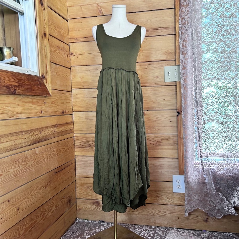 Lagenlook Parachute Bubble Skirt Dress Medium Olive Green Boho Lotustraders